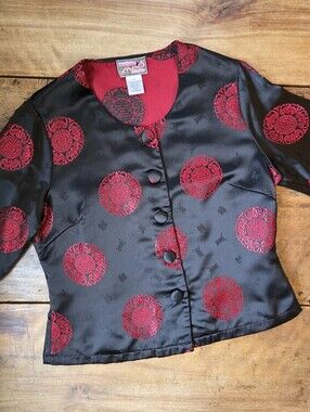 Vintage April Cornell Chinese Tang Jacket – Size S –Black/Red Brocade Medallions